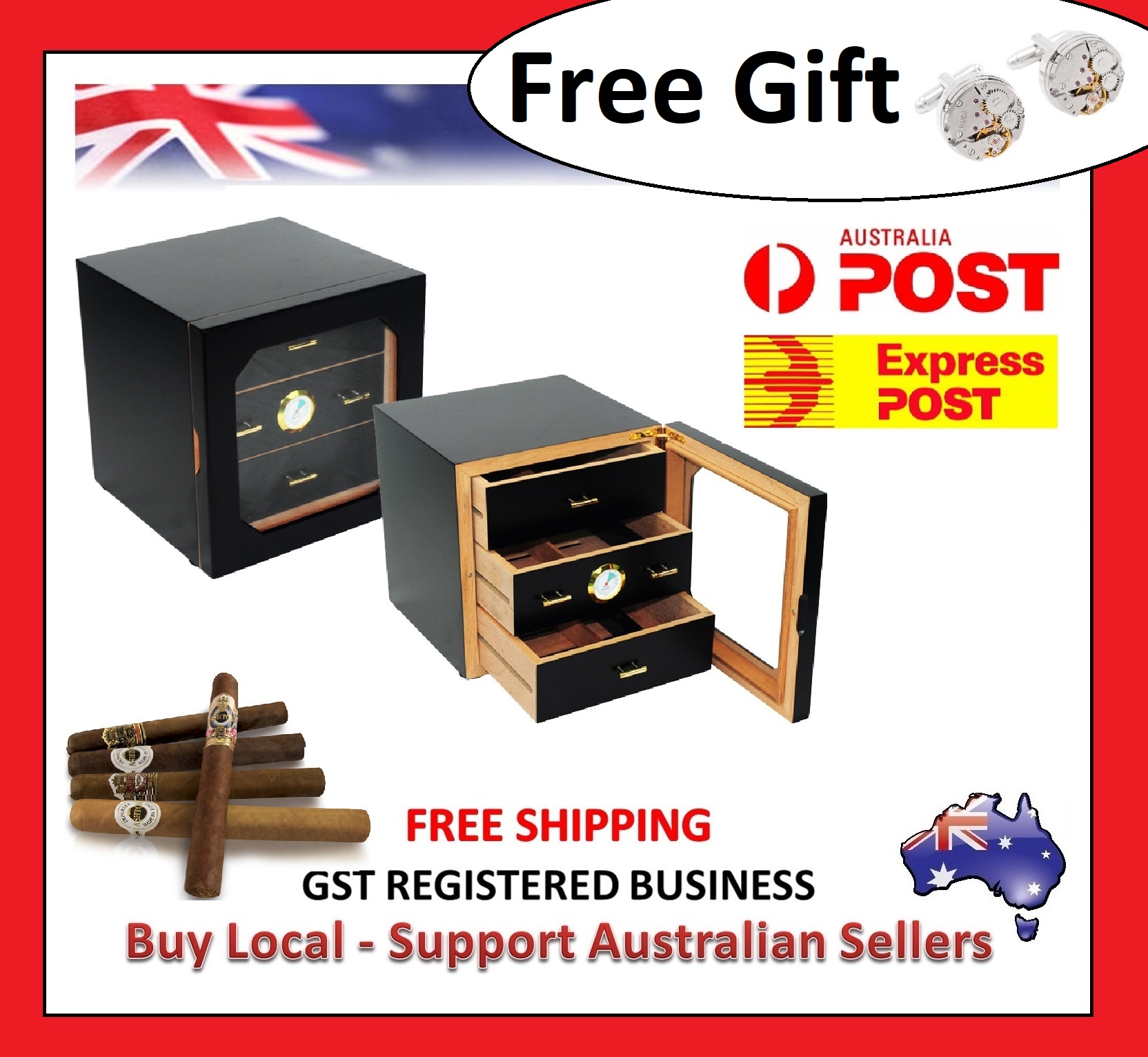Hand Made 75 Count Cigar Humidor Box Cabinet Matt Black Humidifer Hygrometer X